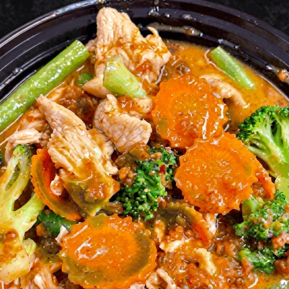 Chicken stir-fry with broccoli, carrots, green beans, and peppers in glossy brown sauce, served in a black bowl.