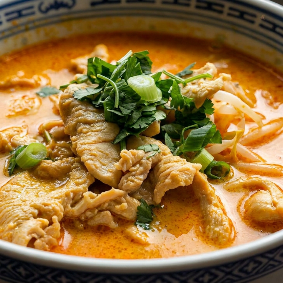 Bowl of creamy orange curry noodle soup topped with sliced chicken, bean sprouts, cilantro, and green onions.