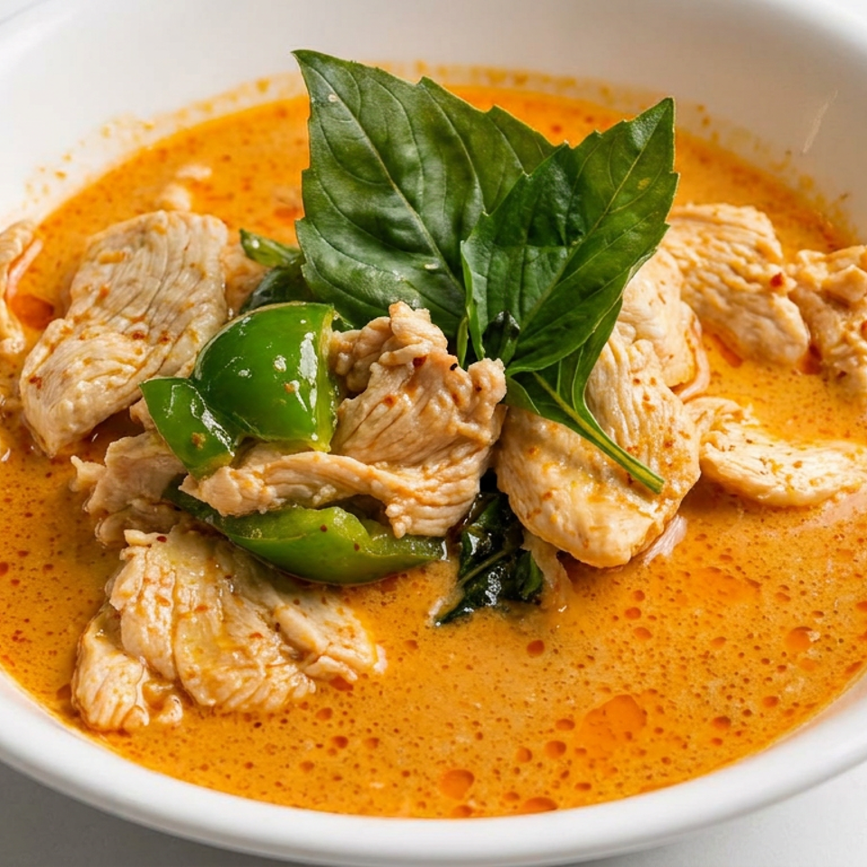 Bowl of creamy orange Thai curry with sliced chicken, green peppers, and fresh basil leaves.