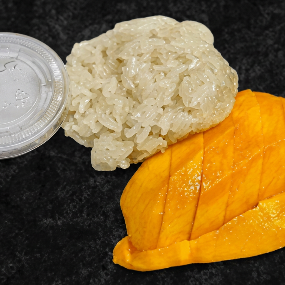 Sticky rice with sliced ripe mango and a small container of creamy sauce on a black surface.